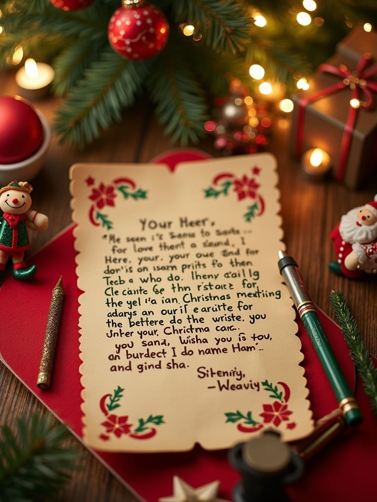 The letter from Santa is written in playful elf handwriting. The letter features green and red crayon with a festive design. Surrounding holiday decorations enhance the magical essence.