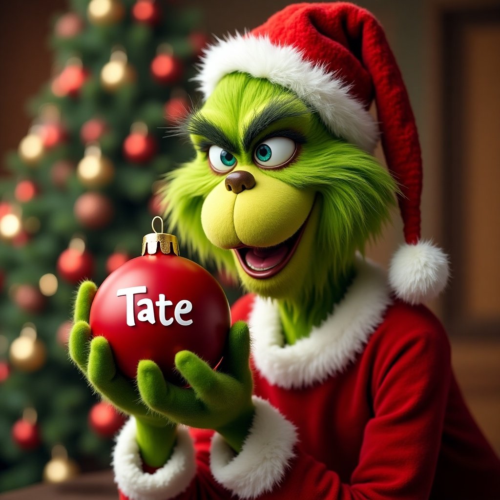 The Grinch holds a red ornament with the name Tate in front of a Christmas tree. The Grinch wears a Santa outfit and has festive decorations around him.