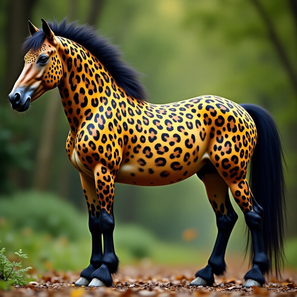 A fantastical creature combines elegance of a horse with wild beauty of a leopard. The body of a horse shows distinctive spotted coat in vibrant yellow and black. A luscious and flowing mane contrasts with its unique body. Background is blurred with green tones. Creature stands proudly, showcasing grace and fierceness, perfect for mythical tales.