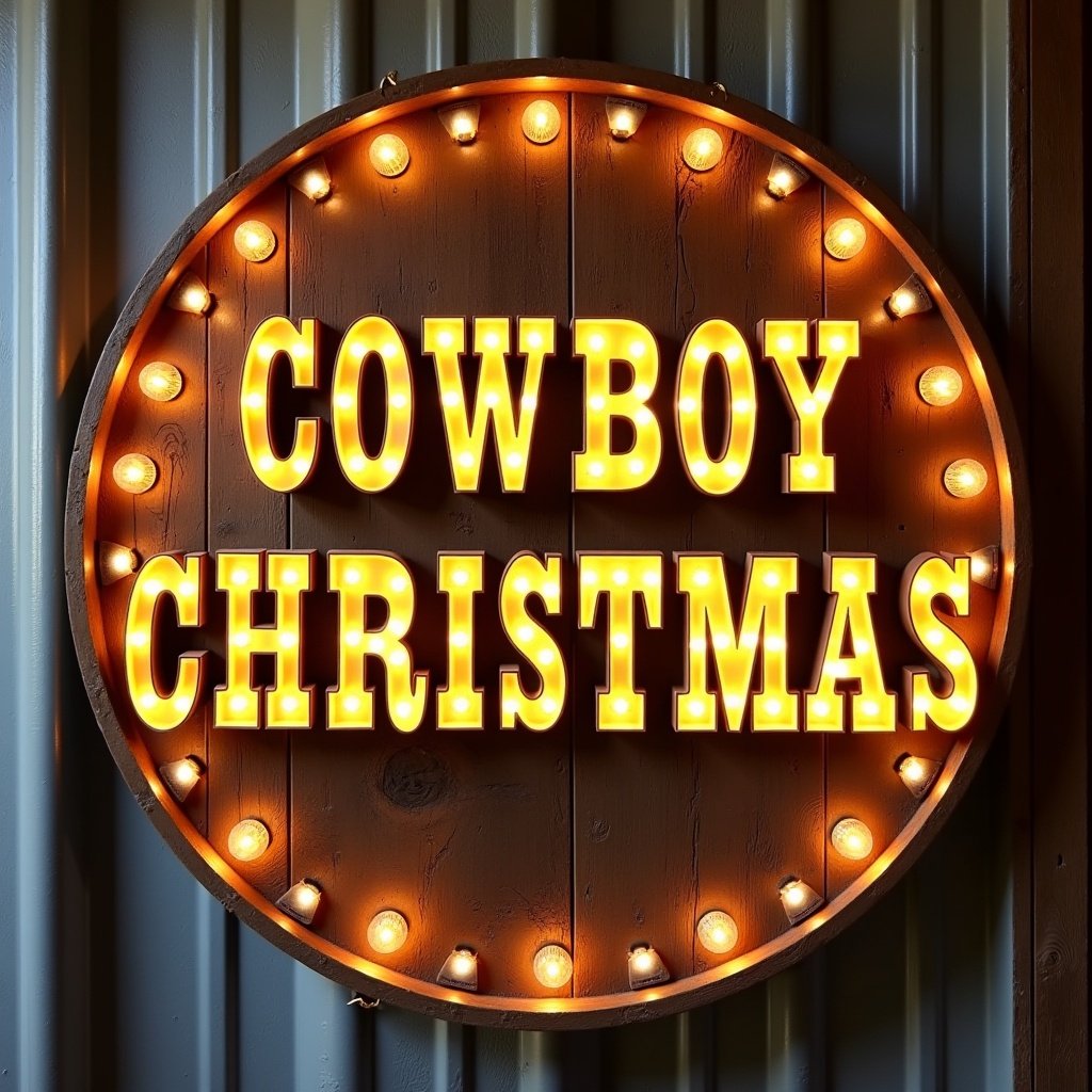 This image features a round rustic marquee-style sign with 'Cowboy Christmas' displayed. Letters styled as lightbulbs with a warm golden hue. Background shows metal and wood textures.