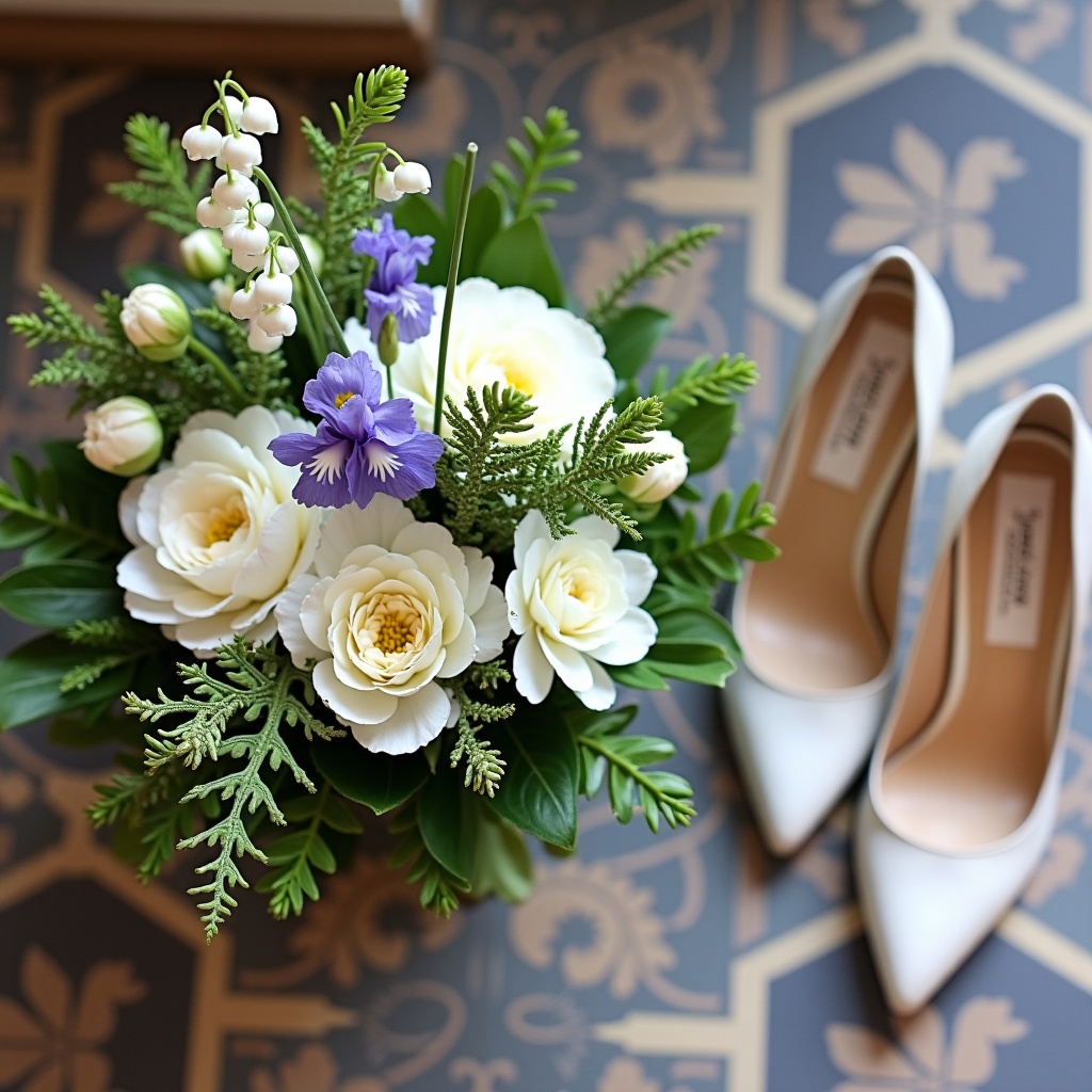 Bouquet featuring lilies of the valley, fiddlehead ferns, irises, peonies, and bells of Ireland. Bouquet beside elegant white high-heeled shoes on a patterned floor.