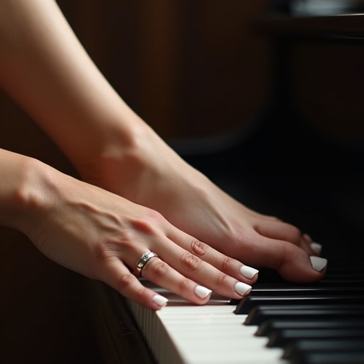 A woman's feet with white toenail polish positioned over piano keys. A side view capturing the elegance of the feet. No hands visible. Focus on the interaction between the feet and the piano.