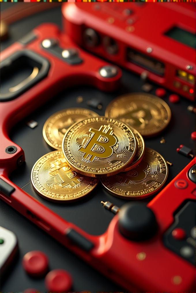 Golden bitcoin coins rest on a futuristic red gaming controller.