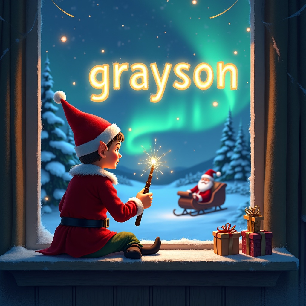 The image features an enchanting Christmas scene. An elf sits on a window ledge, back to the viewer. Using a wand, he writes the name 'grayson' in shimmering lights. The background showcases colorful northern lights and a snowy landscape. In the distance, Santa Claus is seen in his sleigh, enhancing the festive spirit. This illustration captures the magic and whimsy of the holiday season.