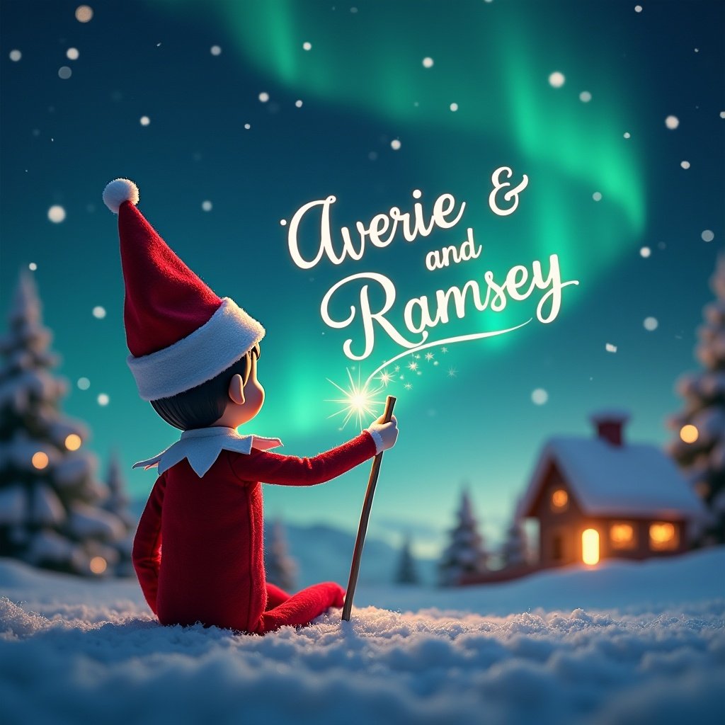 A whimsical scene featuring an elf on the shelf, viewed from behind, gazing up at the sky. The elf is wearing a bright red outfit with a pointy hat and is using a sparkling wand to write names in the air. The backdrop is a serene winter landscape under the magical glow of northern lights. Toy-like snow-covered trees and a cozy cabin enhance the festive atmosphere. In the sky, the names 'Averie' and 'Ramsey' elegantly appear, crafted by the elf's magic. The entire image conveys a sense of holiday joy and enchantment, perfect for the Christmas season.