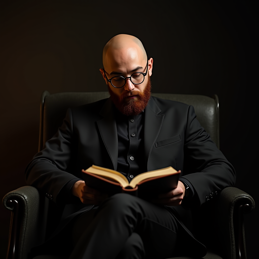 A bearded man with glasses, dressed in a black suit, sits focused in an armchair reading a book against a dark background.