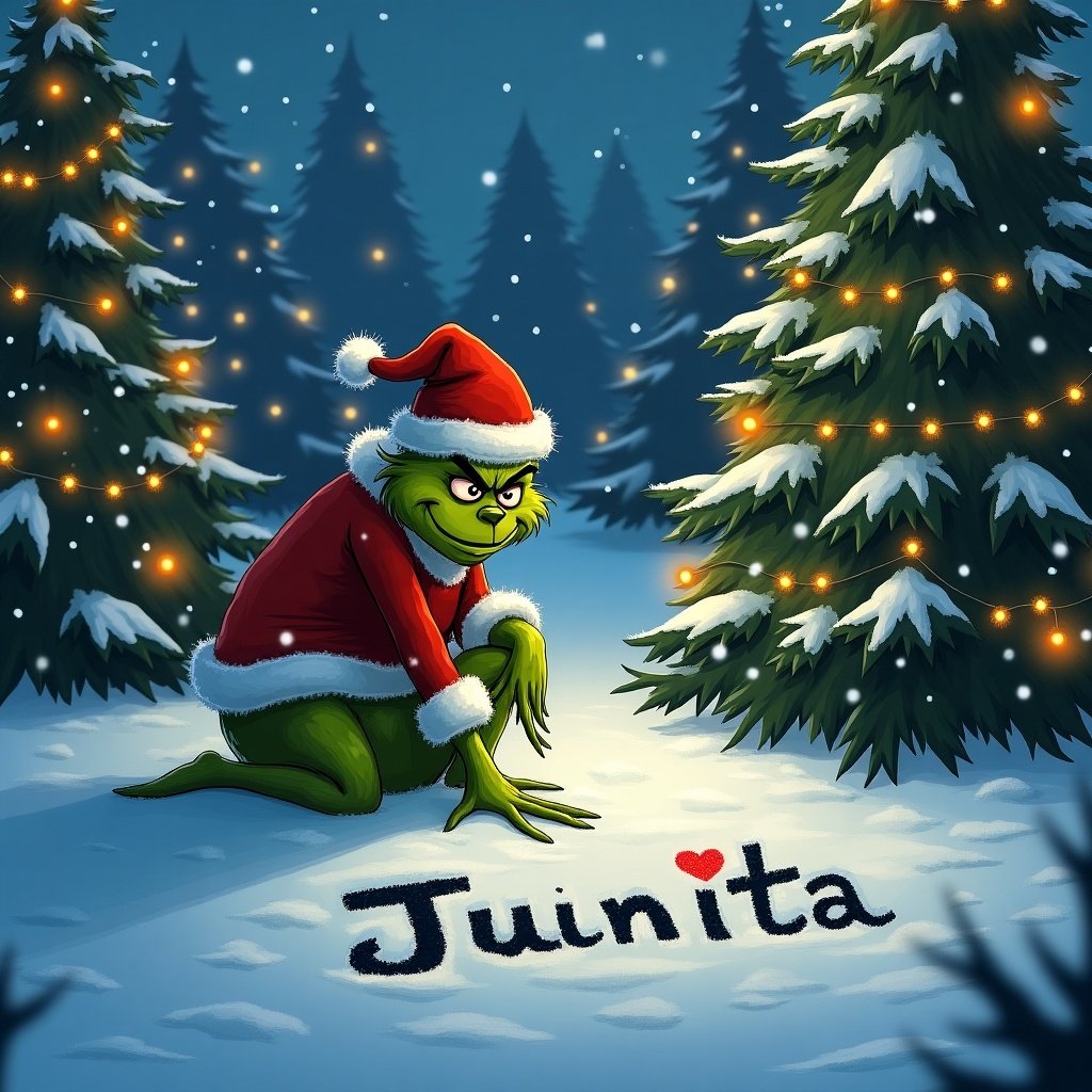 The Grinch is in a snowy forest. Christmas trees with lights are nearby. The Grinch writes Juanita in the snow.