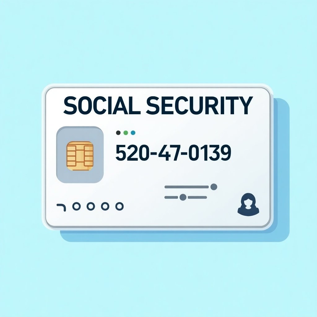 Depiction of a generic social security card. Prominent text 'SOCIAL SECURITY' at the top. Key number '520-47-0139' displayed. Graphic chip shown on the card. Decorative elements indicate official nature. Background is soft blue color. Design is professional and clean.