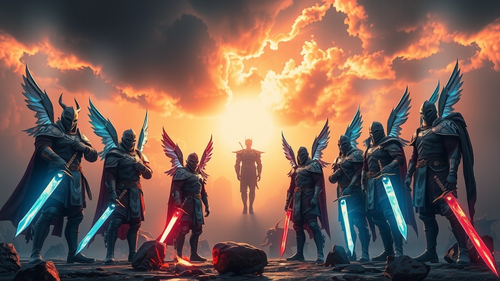 A dramatic digital illustration depicts a group of armored warriors with angelic wings, each wielding glowing swords, standing resolutely beneath a striking sky. The central figure appears to be levitating, perhaps symbolizing leadership or power, while a vibrant sunrise casts an ethereal glow on their silhouettes. The contrast between the warriors' cold armor and the warm sky creates a captivating and intense scene.