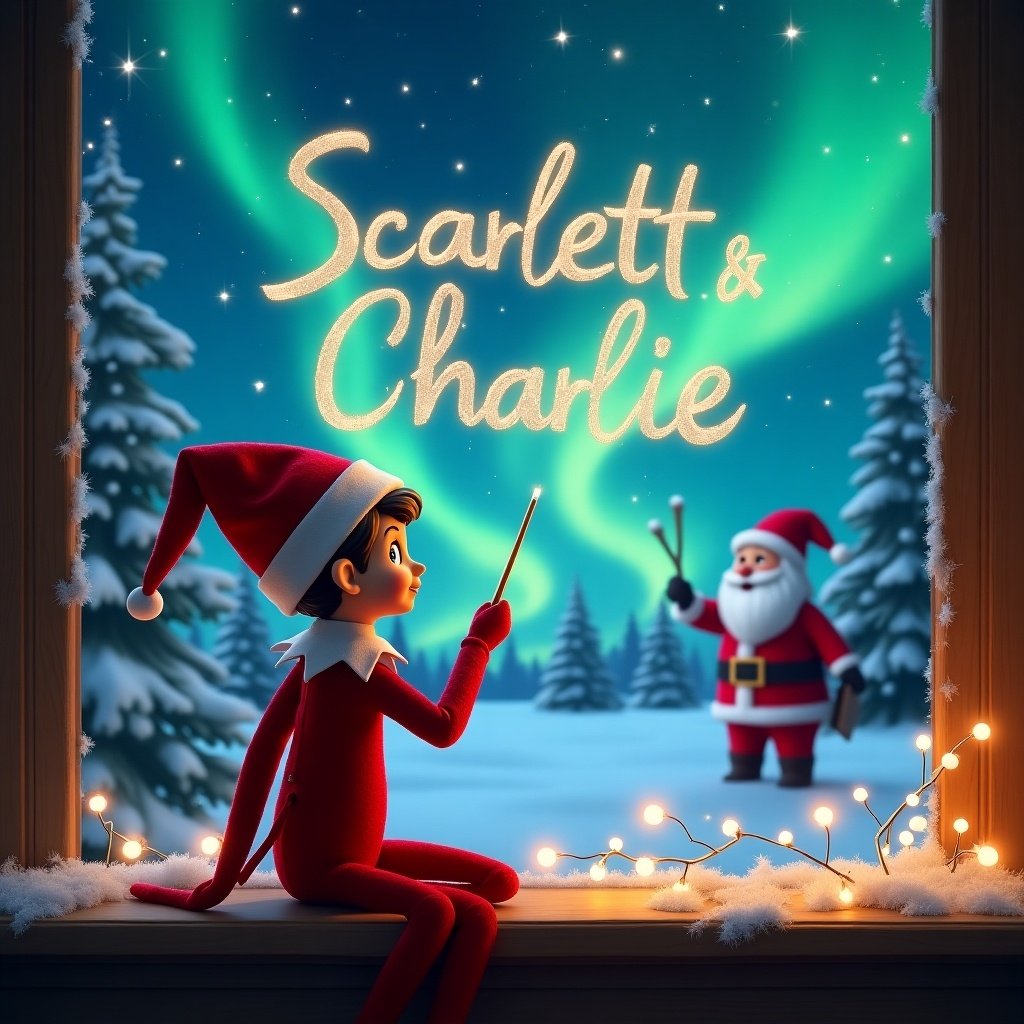 An enchanting scene depicting an elf on the shelf with a red hat and outfit, sitting by a window. The elf is facing the sky, using a wand to write in shimmering letters. The background is a dreamy Christmas landscape with the captivating northern lights and Santa Claus in the distance. Above, the names 'Scarlett & Charlie' glow warmly in the winter night sky, crafted by the elf's magic. Snow blankets the surrounding area, and twinkling fairy lights add to the festive atmosphere.