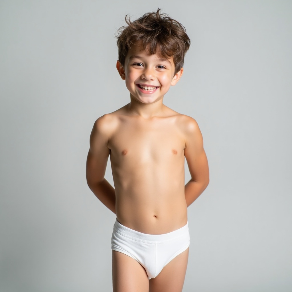 Image of a boy standing upright against light gray background. He wears white underwear. The lighting is soft and even, creating calm atmosphere. The boy's pose is confident and relaxed, showcasing playfulness and innocence. The style is minimalistic, focusing on the subject.