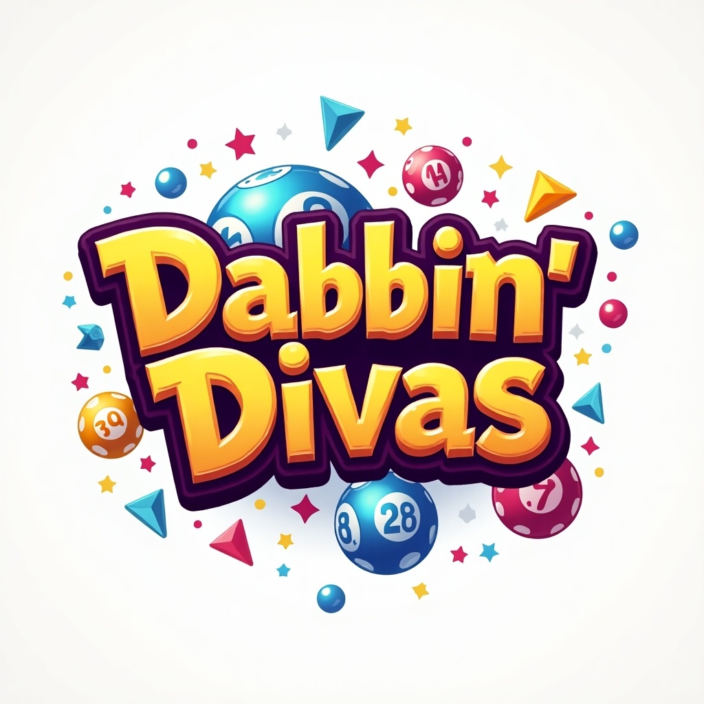 Logo design for an online multiplayer game named Dabbin' Divas. Fun and playful elements included. Bright colors and lively font used. Features bingo balls and confetti.