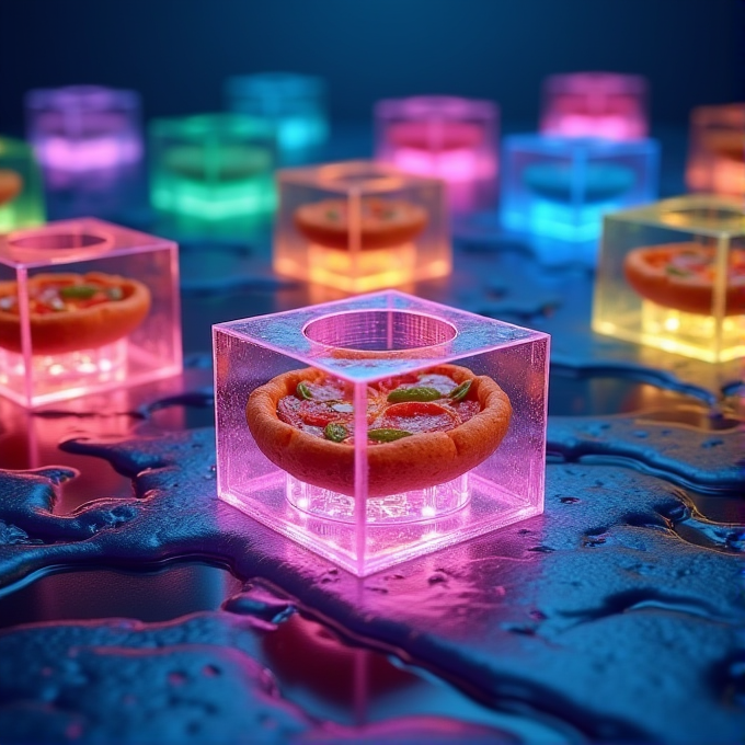 Small pizzas are placed in glowing transparent cubes with different colored lights on a reflective surface.