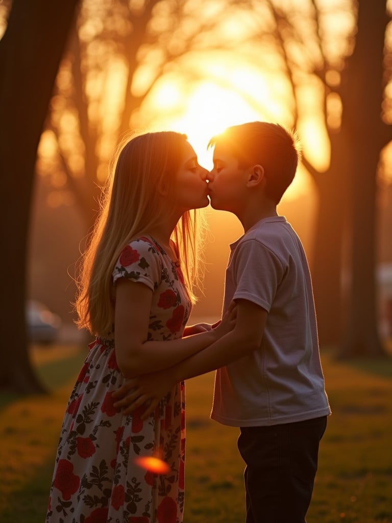 A girl and boy kiss in a park at sunset. Sunlight creates a warm glow around them. The scene appears romantic and intimate.