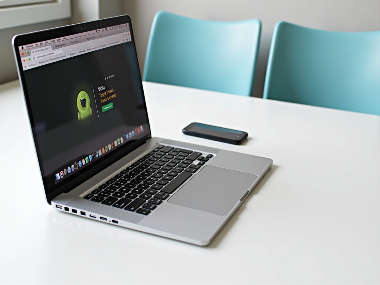 The image shows a modern workspace featuring a laptop and a smartphone. The laptop displays a green cartoon character, indicative of a fun and engaging web design. Nearby, there are two light blue chairs in a clean and minimalist setting. The table is white, reflecting natural light from the surroundings. This setup represents contemporary work, suitable for freelancers or students in the tech industry.