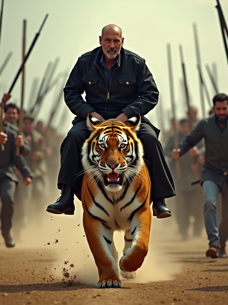 A man in black clothing rides a tiger. Many people chase him from behind with weapons. The tiger runs fast. The scene is dramatic and action-packed.