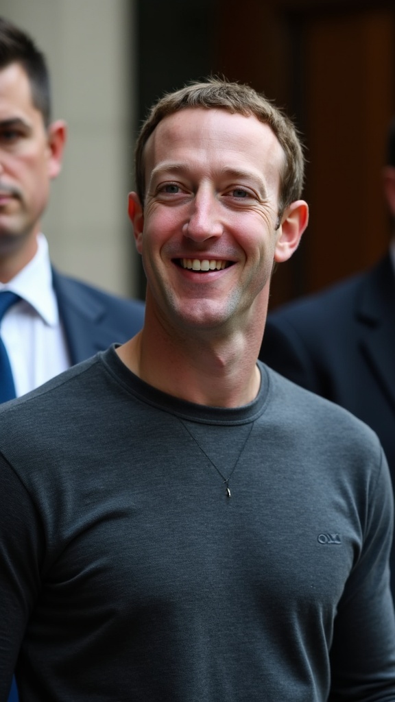 The image shows a person smiling warmly, dressed casually in a charcoal grey t-shirt with a simple necklace. The background is slightly blurred, featuring other people in formal attire, suggesting an event or public appearance. The overall mood is friendly and approachable, highlighting the person's relaxed demeanor amidst a possibly formal setting.