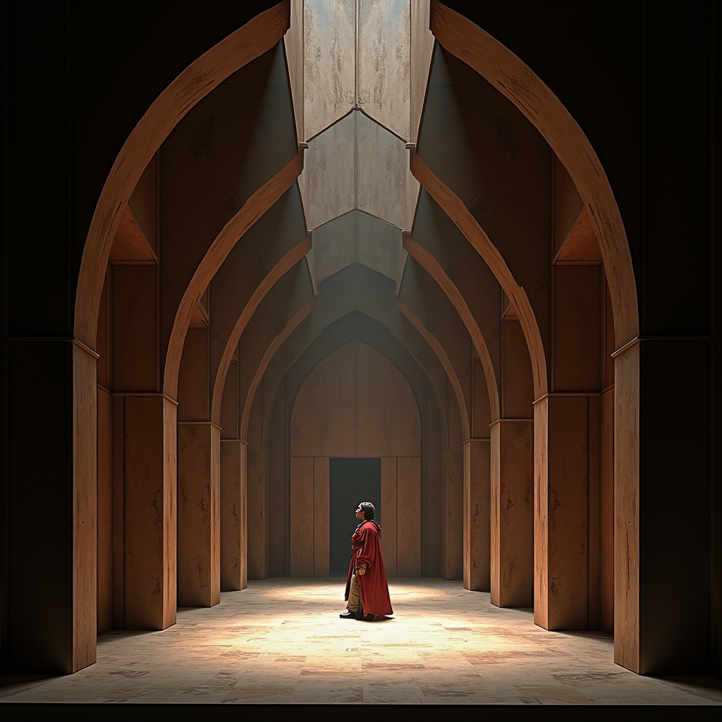 Scenography for Il Trovatore by Giuseppe Verdi. First act design with futuristic medieval elements. Minimalistic with moveable modules for different acts. Beautifully crafted space.