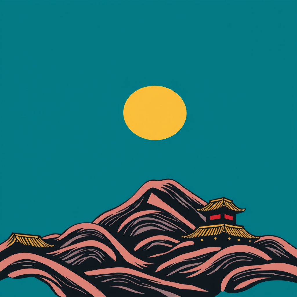 A stylized landscape features flowing pink mountains under a teal sky with a bright yellow moon, highlighting traditional pagodas on the ridges.