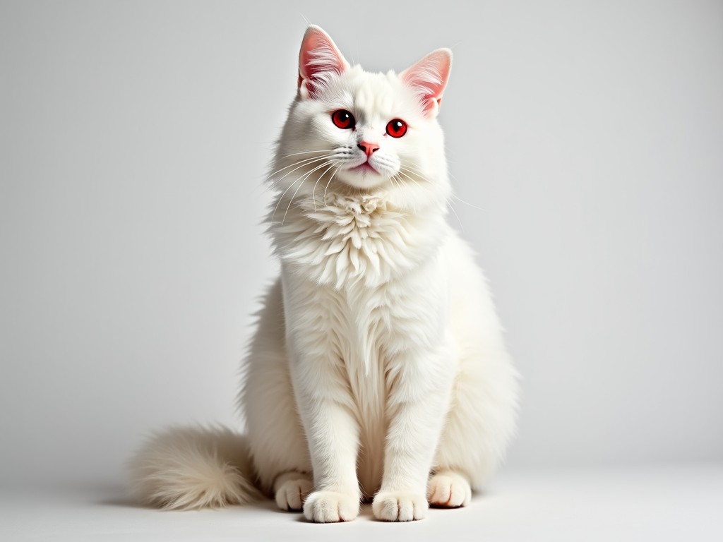 An image of a fluffy white cat with red eyes sitting against a neutral background.