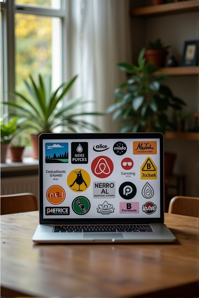 A laptop on a table is covered with various colorful stickers.