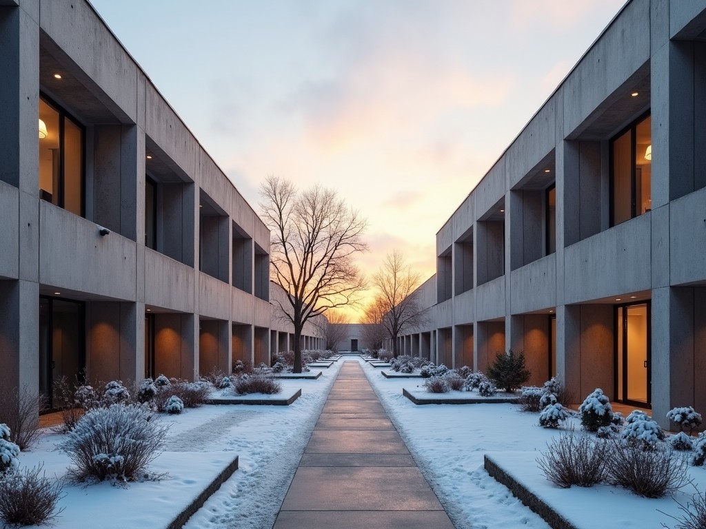 Symmetrical concrete building pathway in winter, snow on ground, warm sunset in background