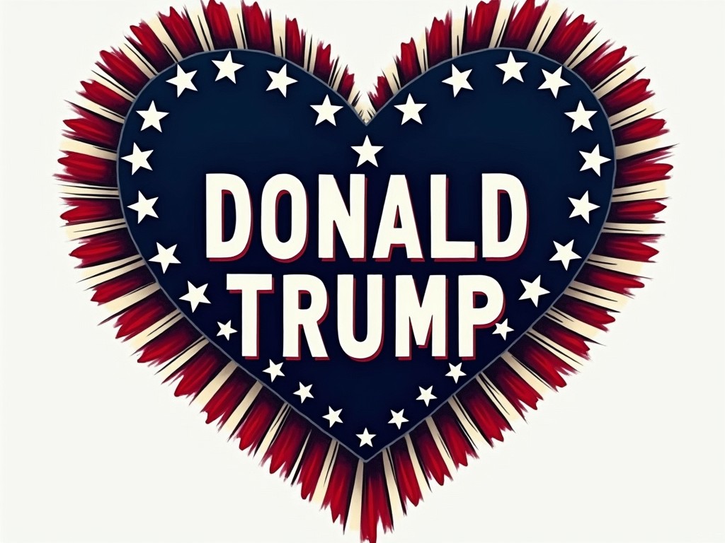 The image features a heart-shaped design adorned with white stars on a deep blue background, evoking a patriotic theme. The center of the heart prominently displays the name 'Donald Trump' in bold white lettering, set against the star pattern. Radiating outwards, spiked red and white elements add a dynamic and vibrant flair to the composition.