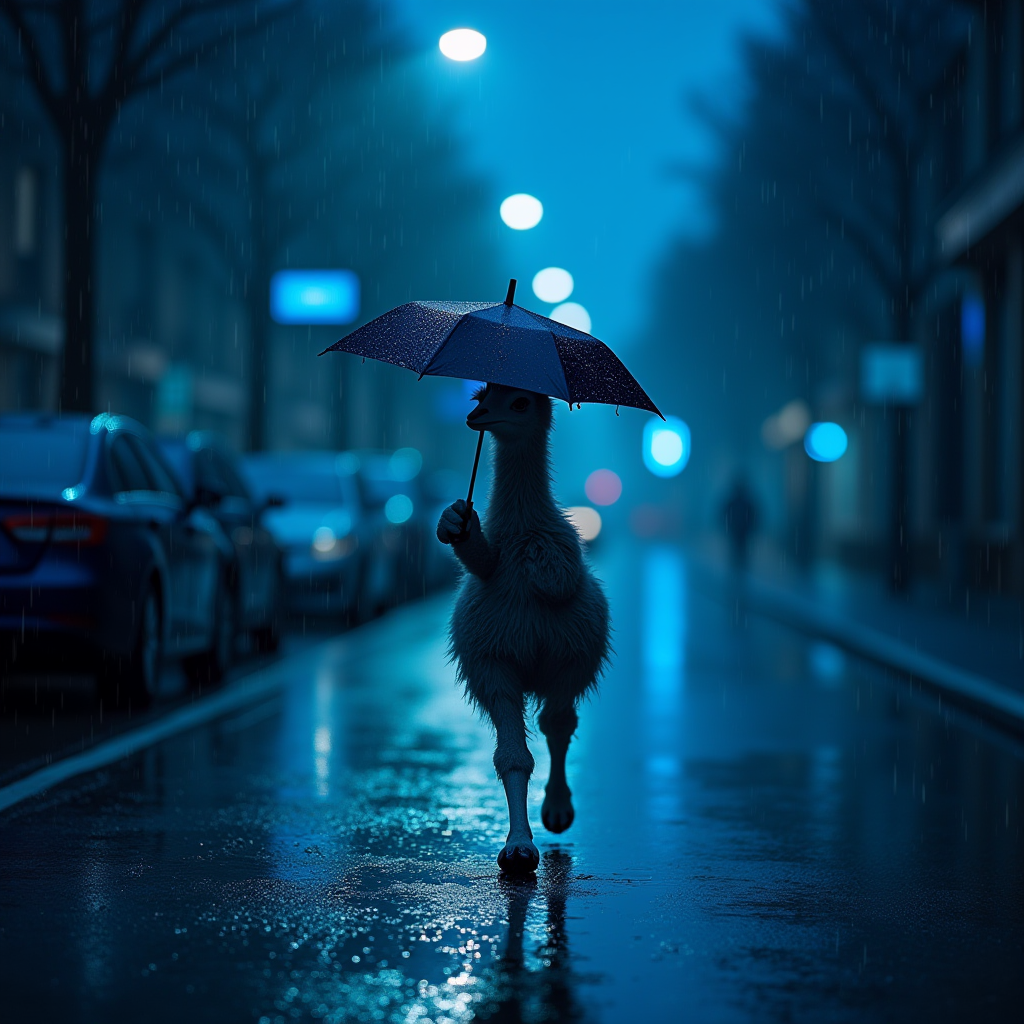 A whimsical bird holding an umbrella walks down a rainy city street at night.