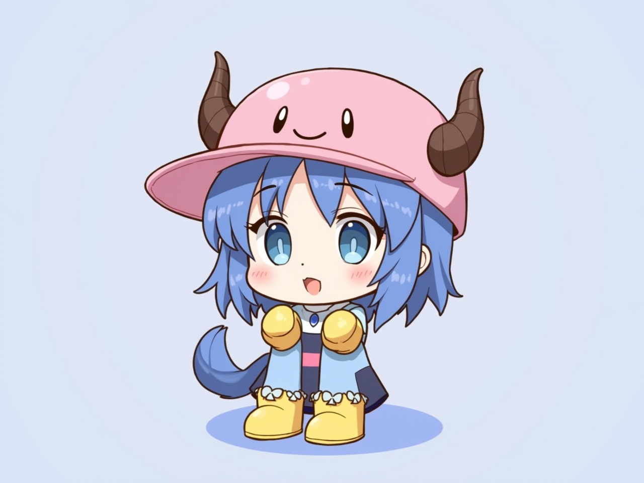 The image depicts a cute, cartoonish character with a playful design. The character is primarily colored in blue and pink, with round features and a friendly expression. It wears a pink cap with a simple design and has small brown horns protruding from the sides. The outfit includes yellow boots and accessories like yellow bracelets that add a fun touch. The background is plain, allowing the character to stand out as the focal point of the image.