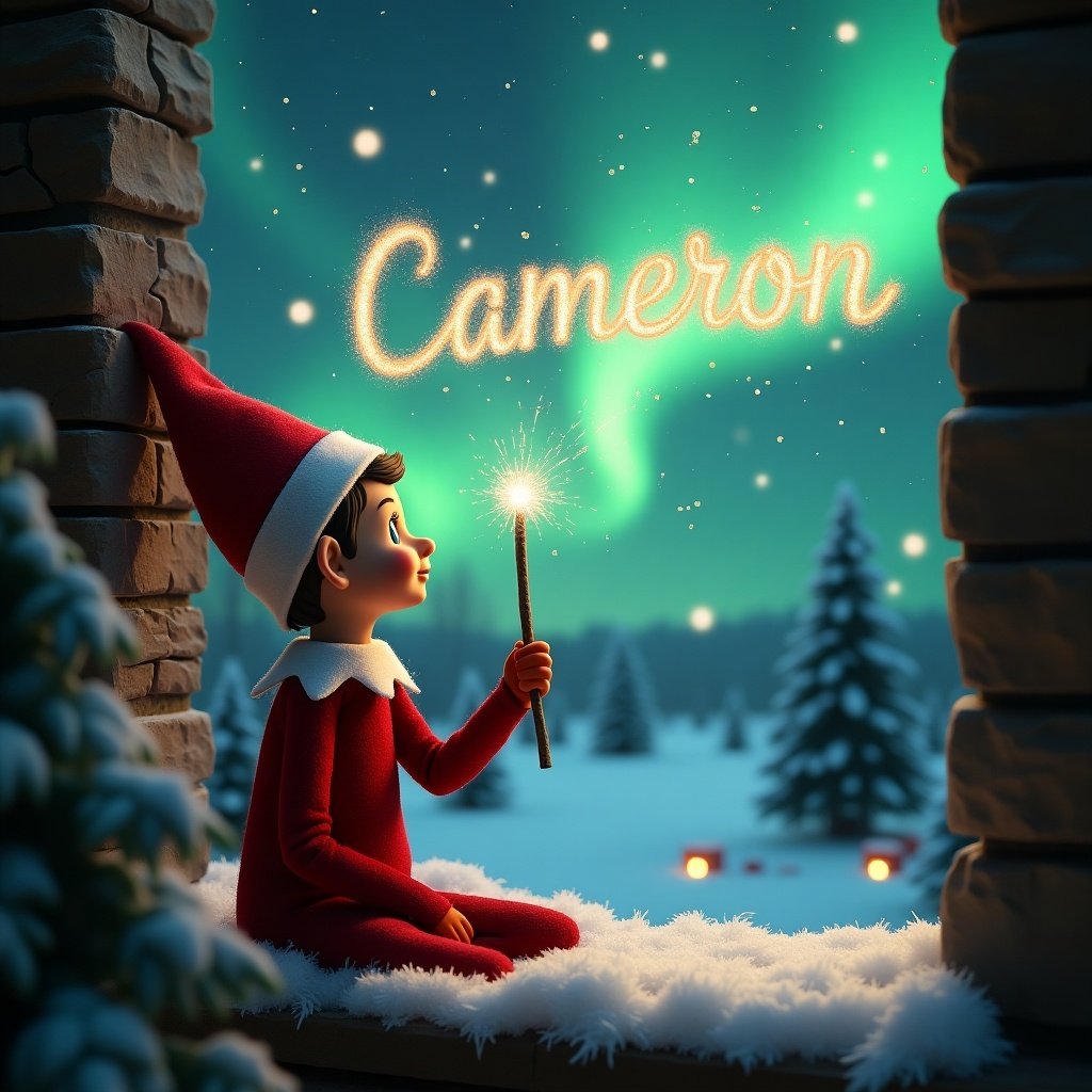 A traditional elf on the shelf gazes at the northern lights. The elf is dressed in red and holds a magic wand. The name 'Cameron' is written in the air with stardust. Snow covers the ground. Trees surround the scene. The atmosphere is magical and festive.