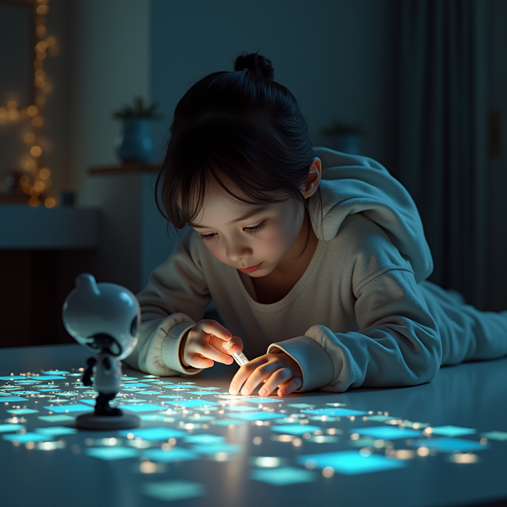 A child in soft lighting plays with glowing objects on a table, with a small figure nearby, amidst a cozy, dimly lit room.