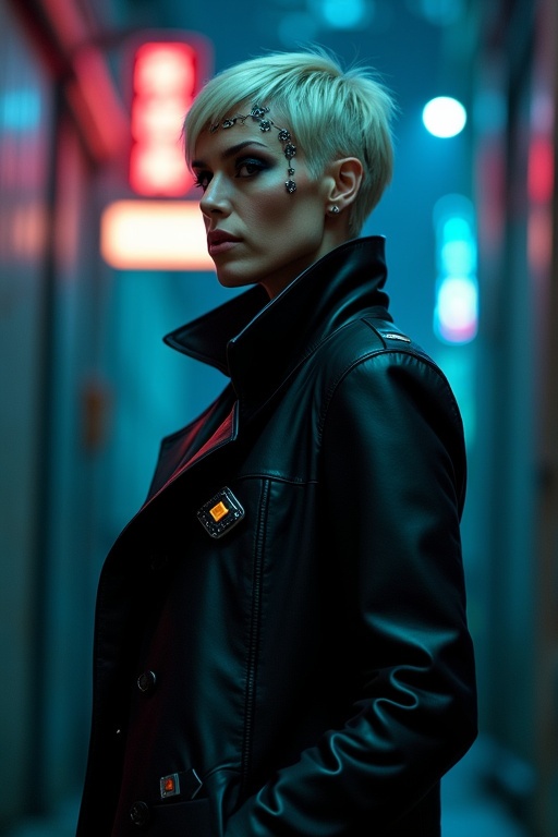A half-body portrait of an enigmatic woman in her early 50s. The scene is in a dimly lit alley. She wears a sleek dark coat with data chips on the lapel. Her platinum-blonde hair is cropped short. A cybernetic implant trails from her temple to a microvisor over one eye. Neon signs flicker behind her.