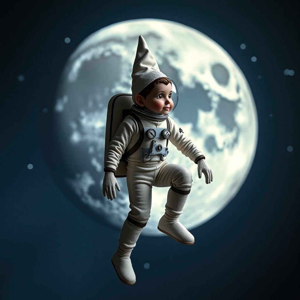 Elf character wearing a space suit floats in space in front of a large moon. The scene is imaginative and whimsical, suitable for children's media.