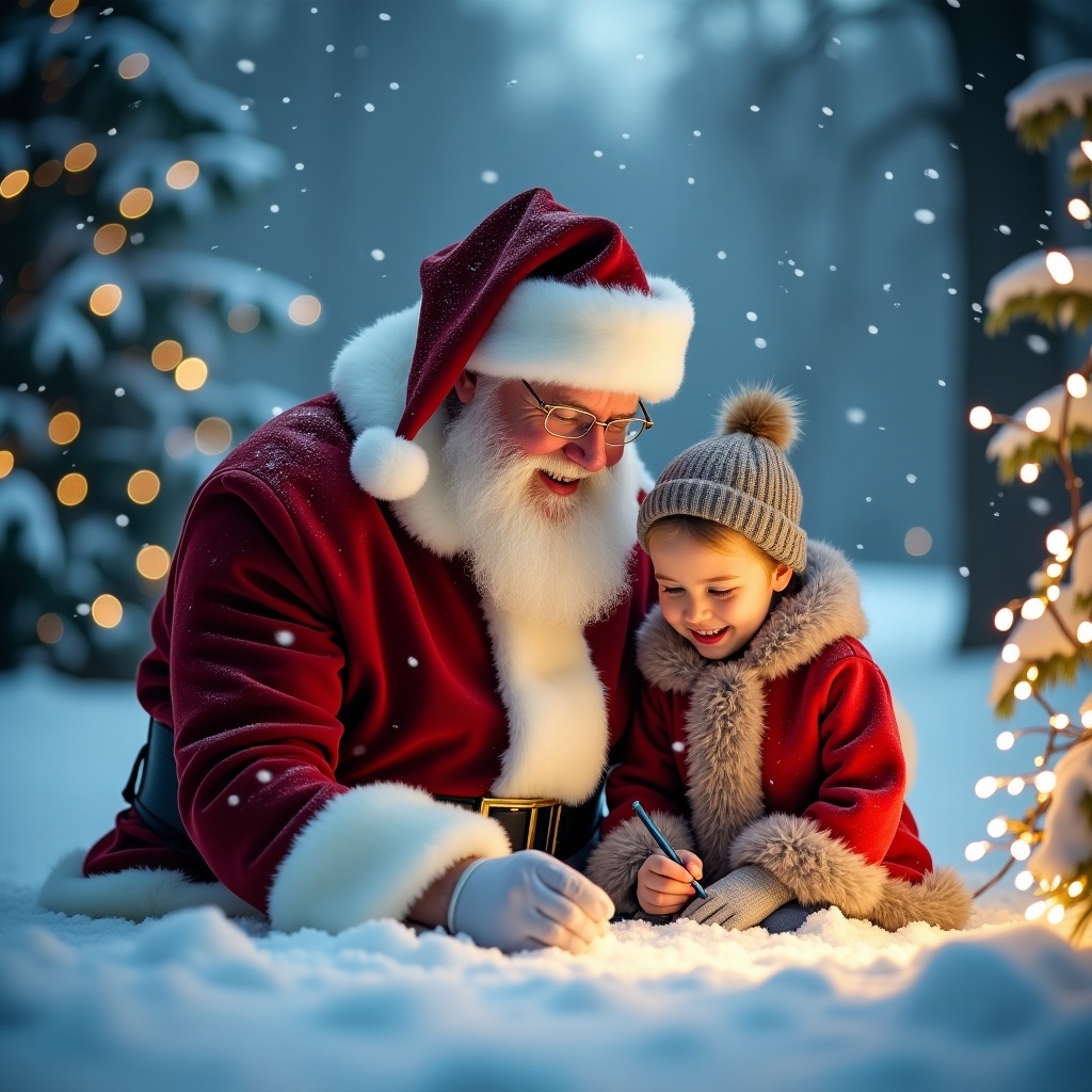 Santa Claus writes in the snow next to a child. Joyful expression on Santa and child. Surrounded by snow-covered trees and festive lights. Winter wonderland scene.