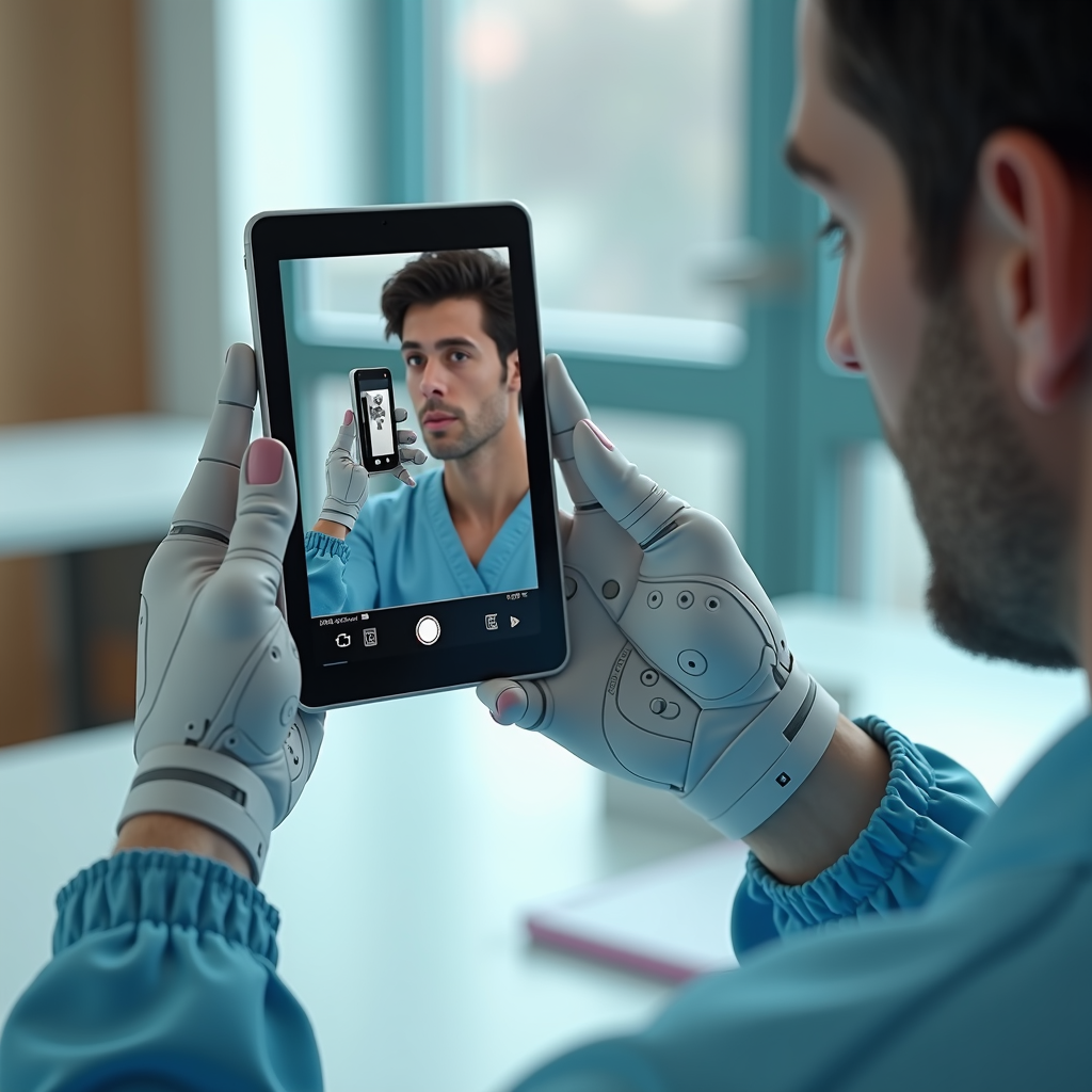 A man in medical attire is taking a recursive selfie using a tablet, with robotic gloves enhancing the futuristic feel of the image.