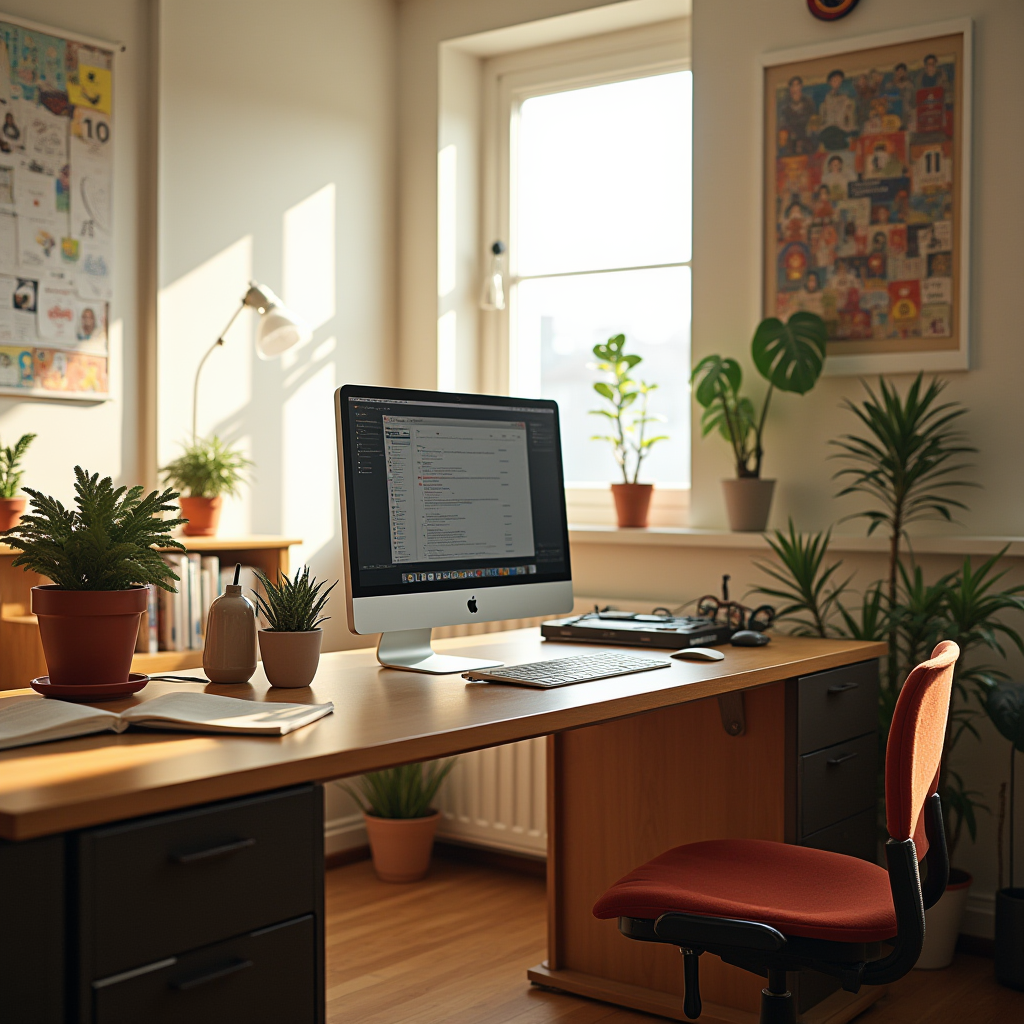 The image depicts a well-organized and inviting home office setup. At the center is a wooden desk with a modern computer on top, accompanied by a white keyboard and mouse. Several potted plants are strategically placed around the desk, adding a touch of greenery and warmth to the space. Sunlight streams through a nearby window, illuminating the room with natural light.

On the desk, there's also a book left open and a couple of decorative items, such as a ceramic bottle. The walls are adorned with colorful and artistic posters, lending an inspiring and creative atmosphere to the environment. The floor is wooden, complementing the natural and earthy tones of the room.

The chair is a comfortable, ergonomic model upholstered in red fabric, indicating an emphasis on both style and comfort for long working hours. Overall, this workspace balances functionality and aesthetics, providing an ideal place for productivity.