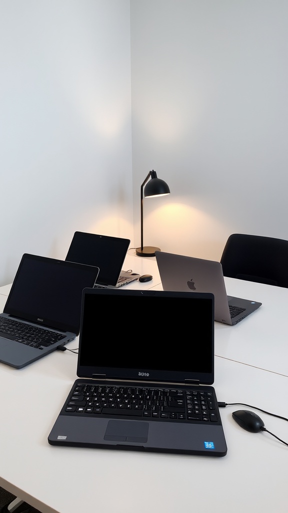 A room with several laptops arranged on a white table, accompanied by a black desk lamp casting a warm glow.