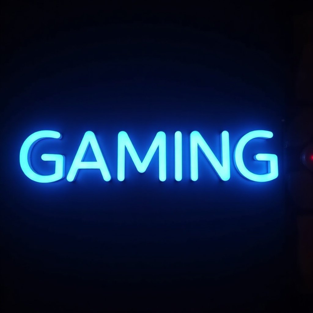 Image displays the word GAMING in neon lights. Letters glow bright light blue. Dark background enhances neon effect. Slight red glow surrounds letters.