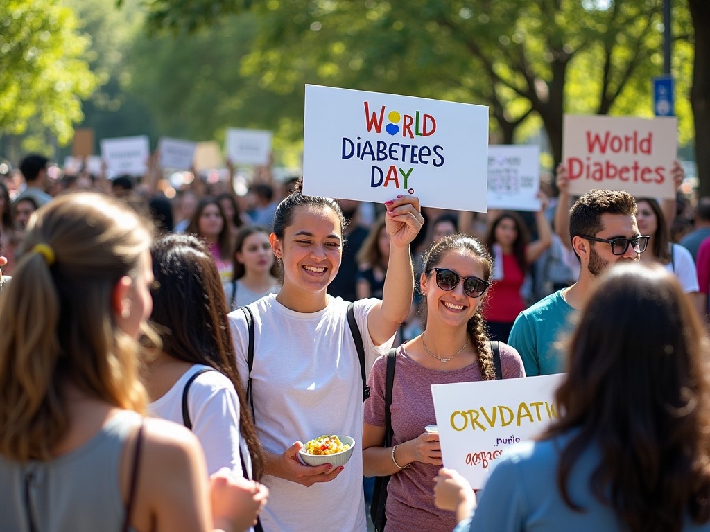 The image depicts a vibrant scene from a World Diabetes Day event. A diverse group of young people stands together, holding signs to raise awareness about diabetes. The atmosphere is joyful, with individuals smiling and engaging with one another. One woman confidently holds a brightly colored sign that reads 'World Diabetes Day.' Sunlight filters through the trees, illuminating the spirited gathering. This event showcases community support for health advocacy and education. Participants share smiles and snacks, emphasizing the importance of healthy living. The background features more people, enhancing the sense of unity and purpose at the event.