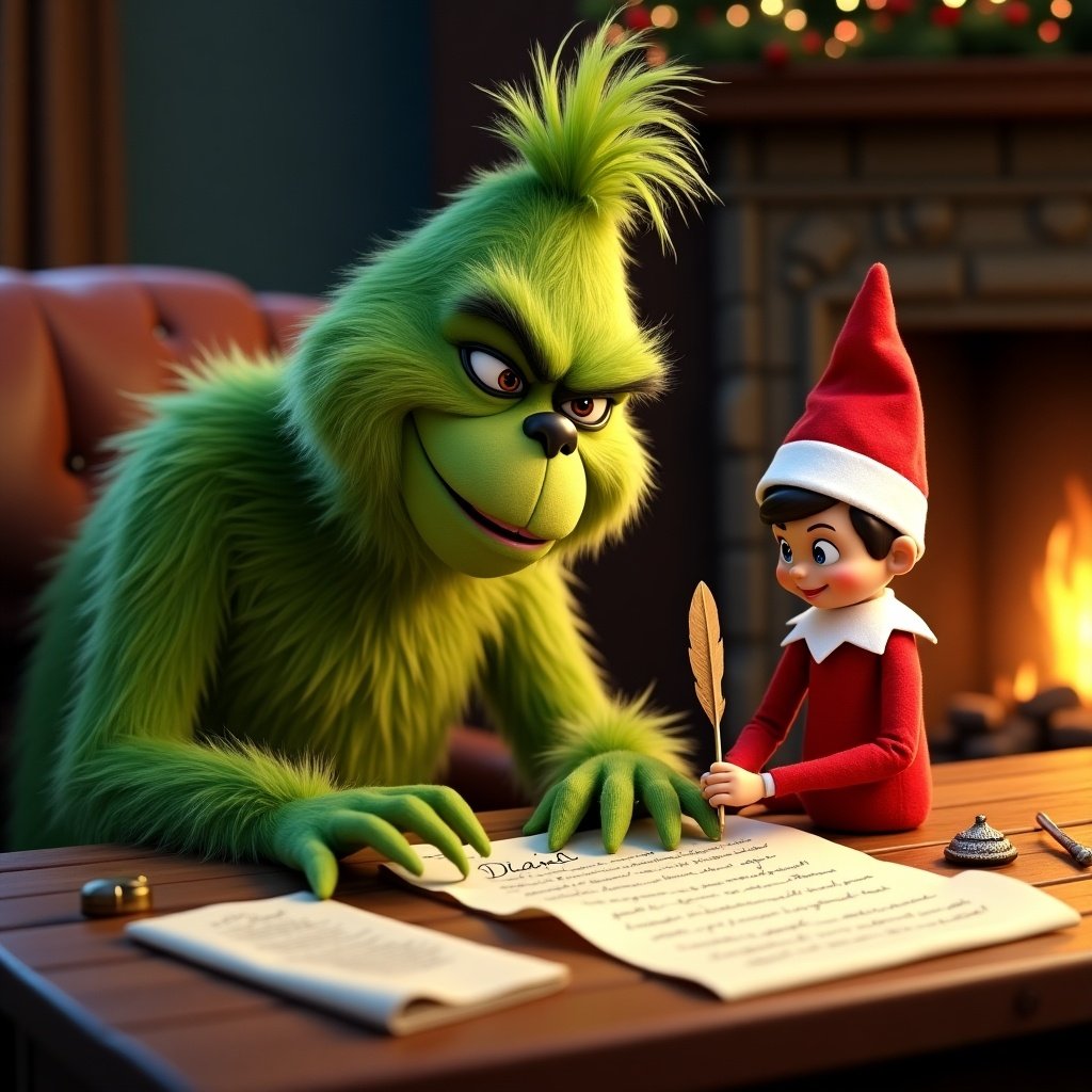 The Grinch and the Elf on the Shelf writing a letter by a fireplace. Characters appear playful and engaged in the task.