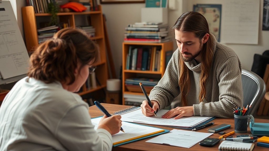 Two people are focused on writing in a cozy, book-filled office.