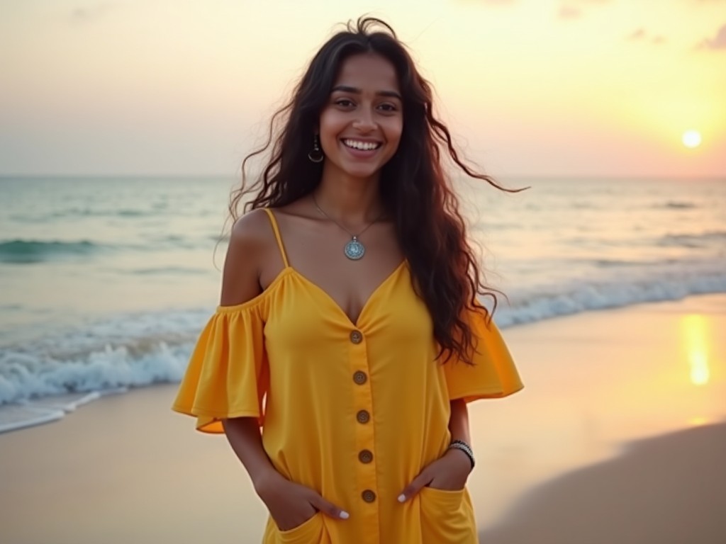 The image captures a joyful woman standing on the beach during sunset. She is wearing a bright yellow dress with buttons and has a relaxed posture, with her hands in her pockets. The sun is setting on the horizon, creating a warm, inviting glow. Soft waves are lapping at her feet as she smiles brightly, embodying a carefree and happy spirit. The overall mood of the image is warm and uplifting, perfect for evoking feelings of relaxation and joy.