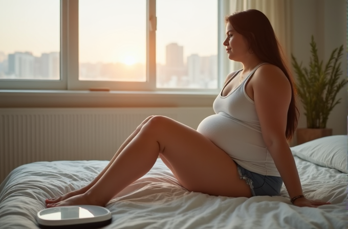 A pregnant woman sits on a bed by a window, gazing at a sunset.