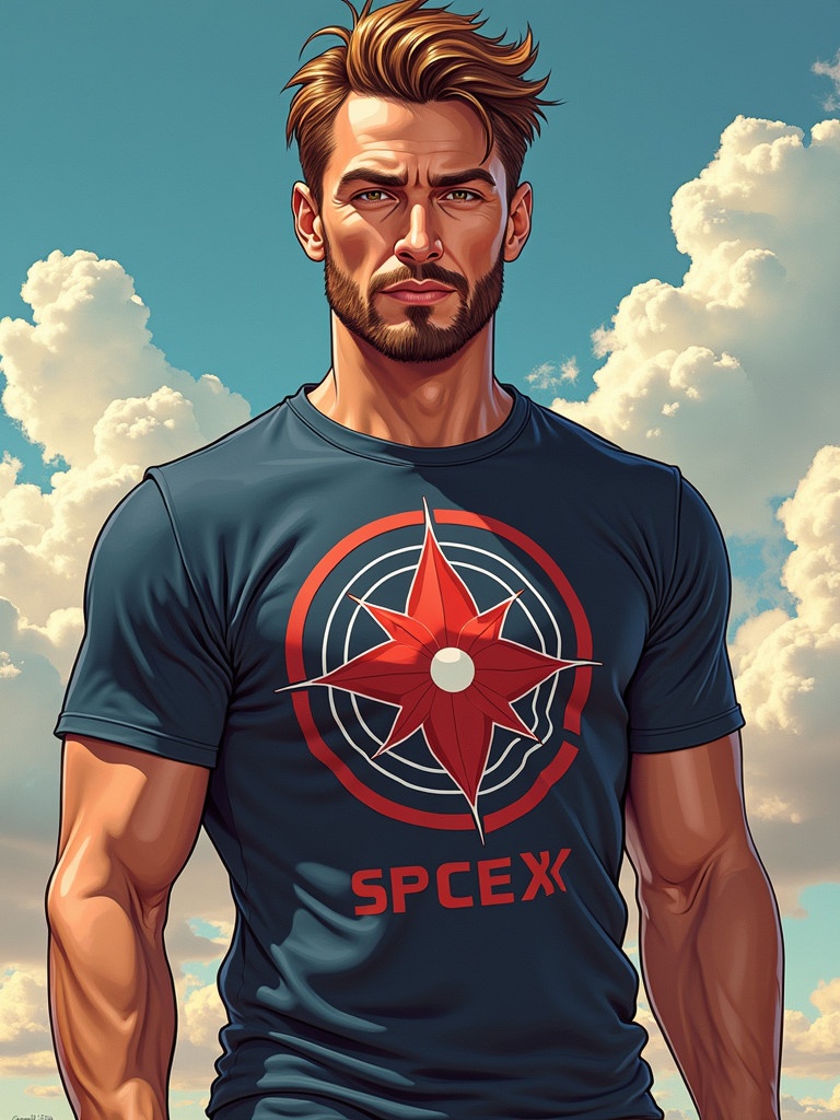 Create a cartoonish animated illustration of a muscular man wearing a SpaceX t-shirt. Focus on a heroic pose with a bright background.