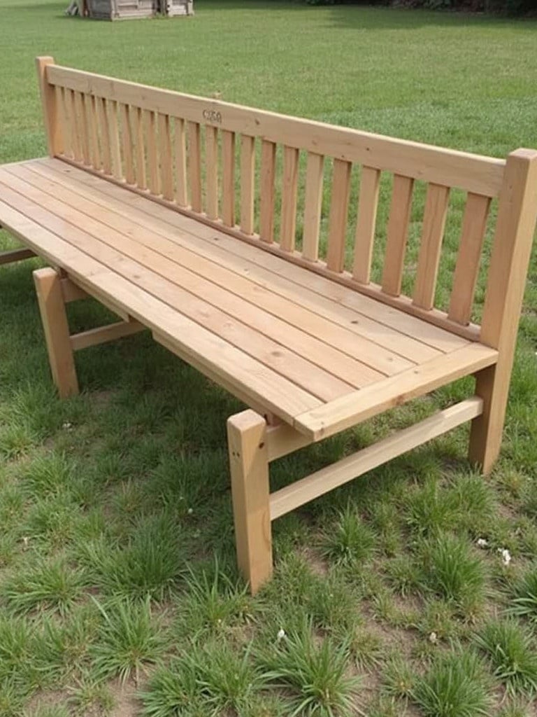 Wooden bench is 6 feet long. It is made of natural wood. Bench is situated on green grass.