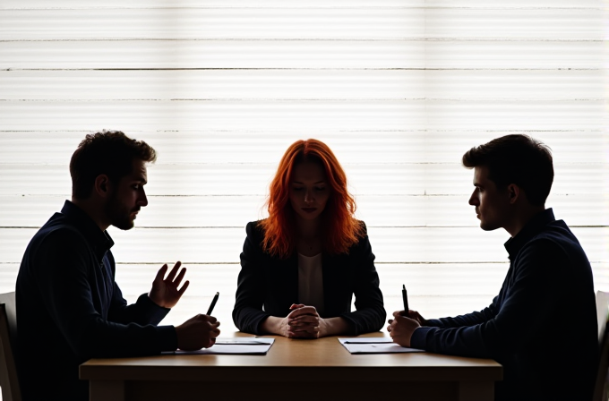 Three people are sitting at a table, with two men on either side of a woman, all looking serious and involved in a discussion.