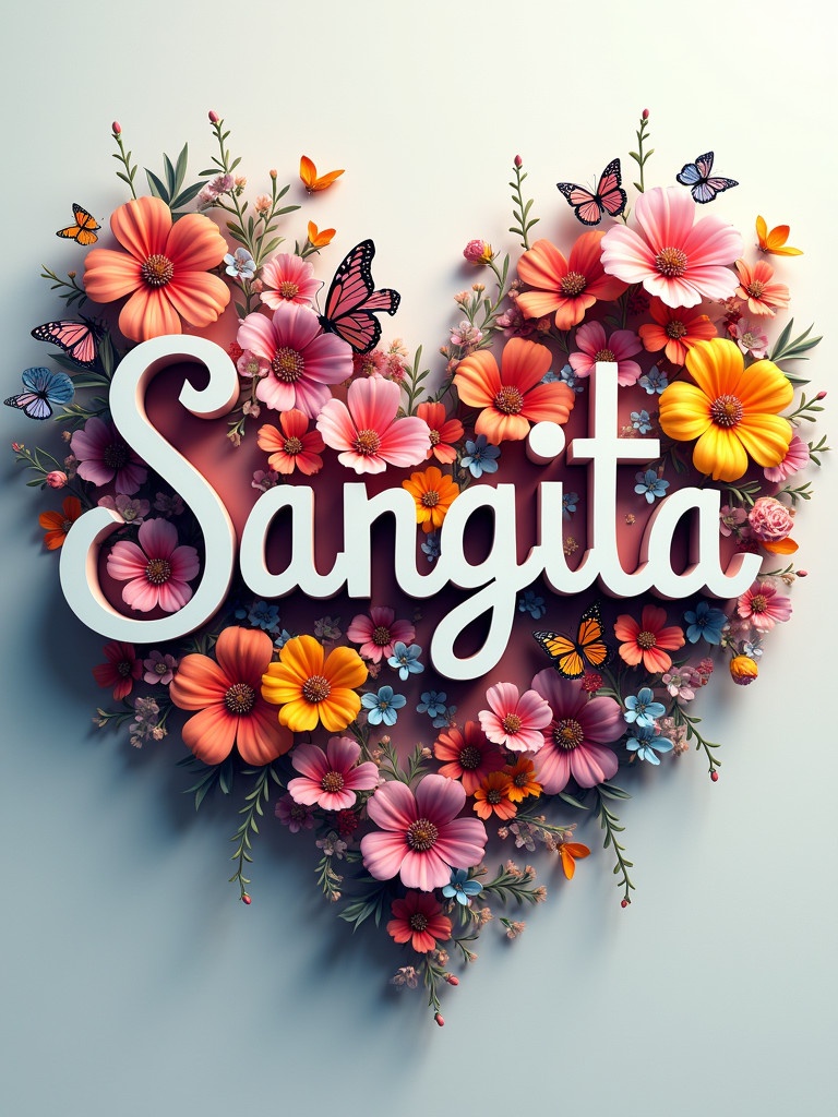 3D name saying Sangita in multiple colors. Covered with beautiful butterflies and flowers. Heart-shaped arrangement.