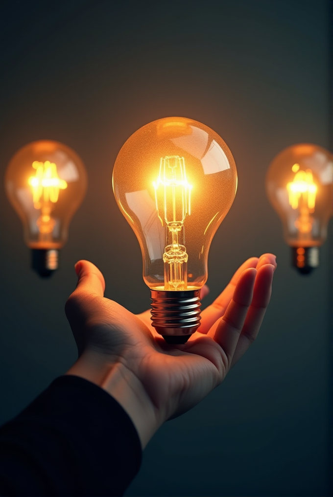 A hand delicately holds a glowing light bulb, with two more light bulbs softly lit in the background against a dark backdrop.