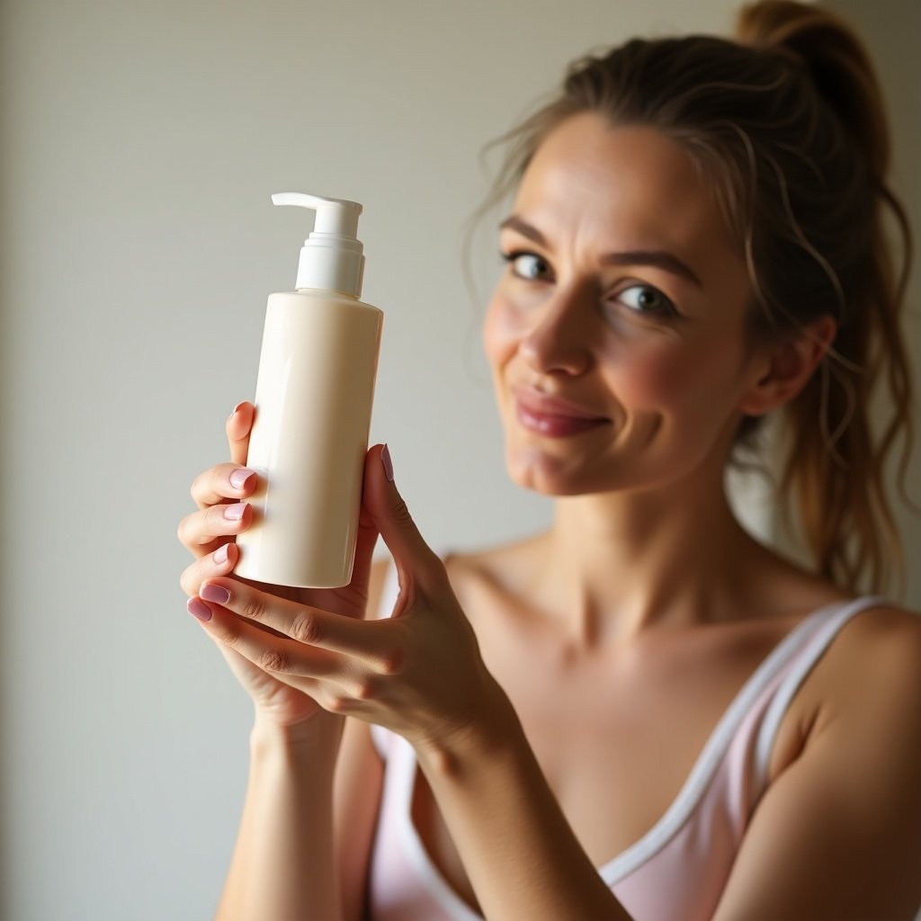 Woman holding a shampoo bottle. Close-up of hands and product. Soft natural light used for warmth. Focus on the product without facial details.