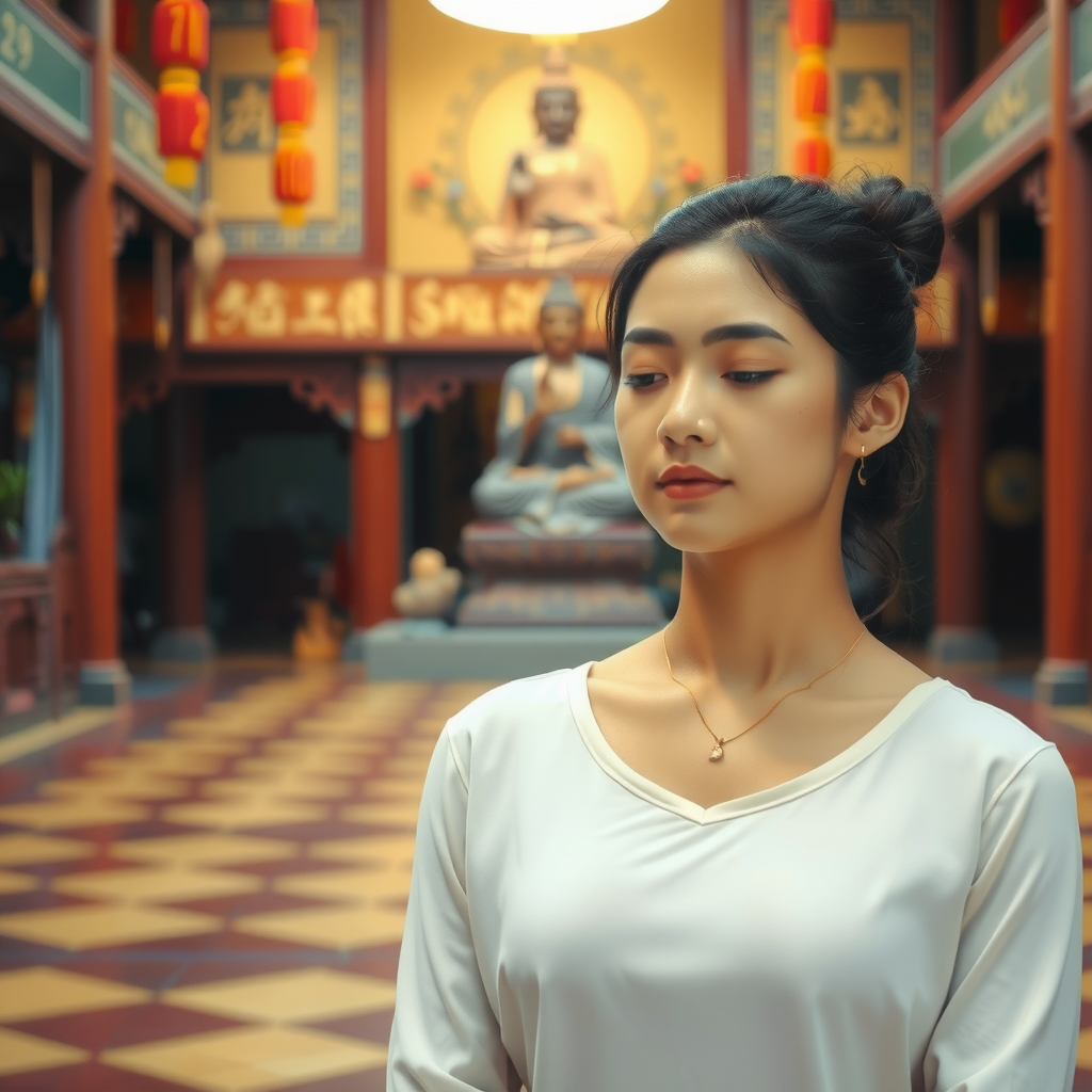 A serene moment of meditation in a traditional temple setting.